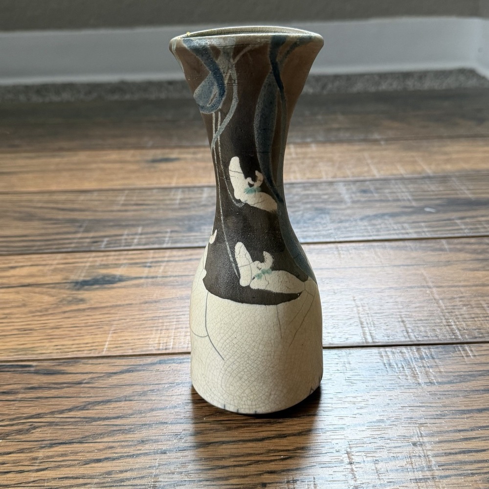 Vintage Japanese Studio Pottery Bud Vase Black/White Butterfly Crackle Glaze 8"